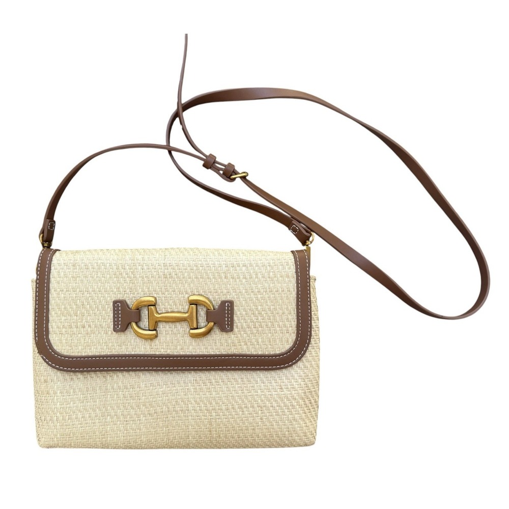 Boden Woven Straw Horsebit Crossbody Bag Tan Trim Adjustable Strap Summer Resort